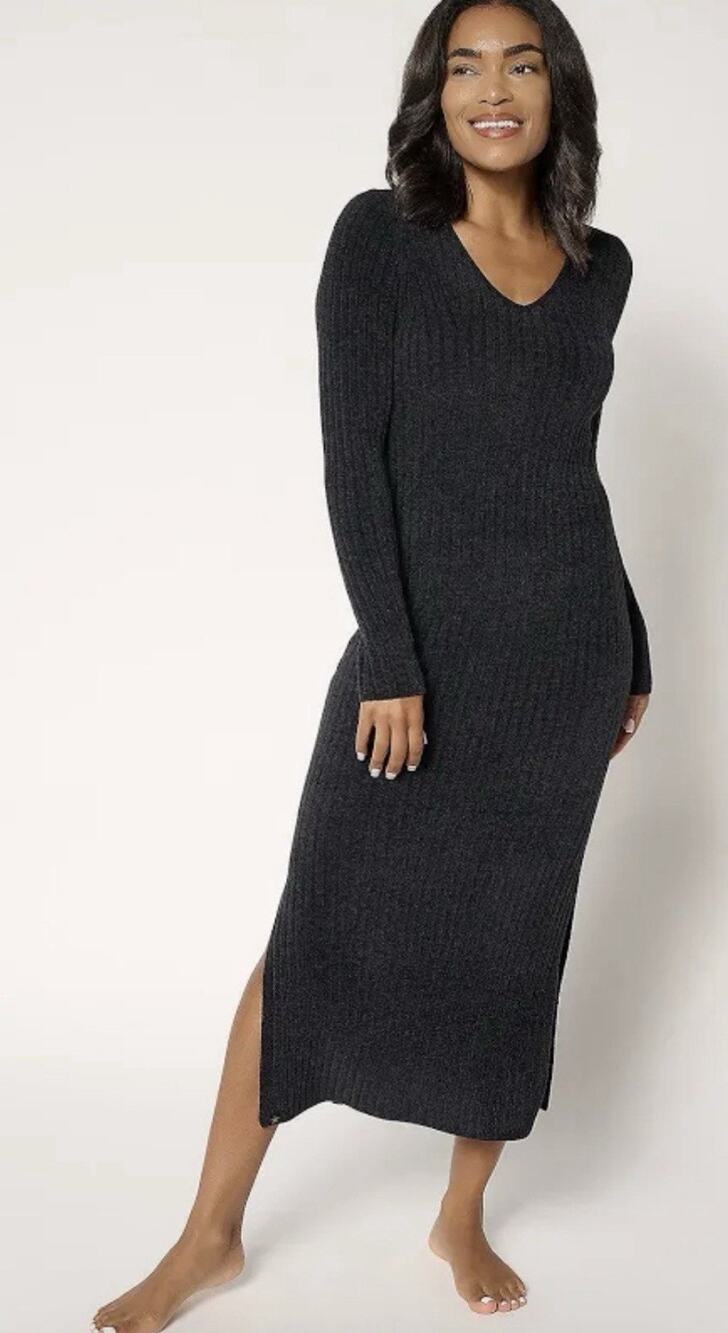 Barefoot Dreams CozyChic Ultra Lite V neck Black Maxi Dress Lounge large T24